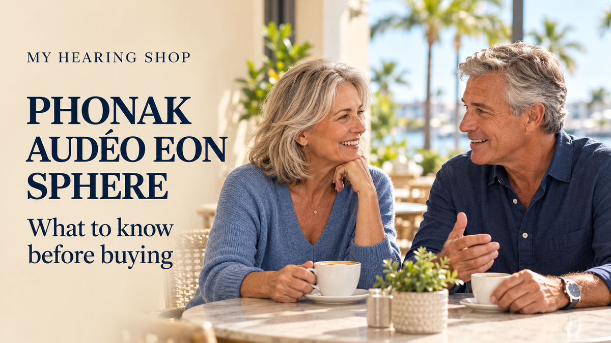 Editorial illustration of two adults talking at a sunlit cafe; Phonak Audéo EON Sphere buying guide.