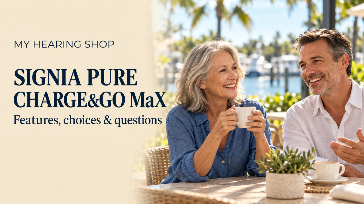 Editorial illustration of two adults talking over coffee; Signia Pure Charge&Go MaX buying guide.