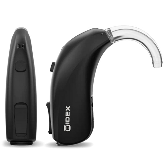 Widex Moment BTE 13 D, shown in Tech Black. Style reference; select your ordered color and ear side.
