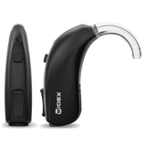 Widex Moment BTE 13 D, shown in Tech Black. Style reference; select your ordered color and ear side.