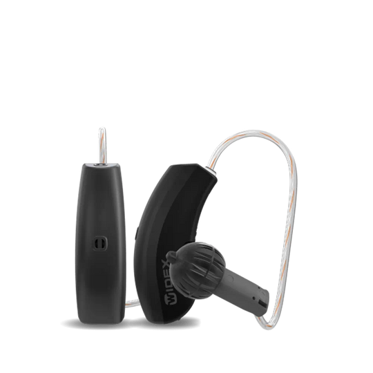 Widex Moment RIC 10, shown in Tech Black. Style reference; select your ordered color and ear side.