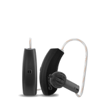 Widex Moment RIC 10, shown in Tech Black. Style reference; select your ordered color and ear side.